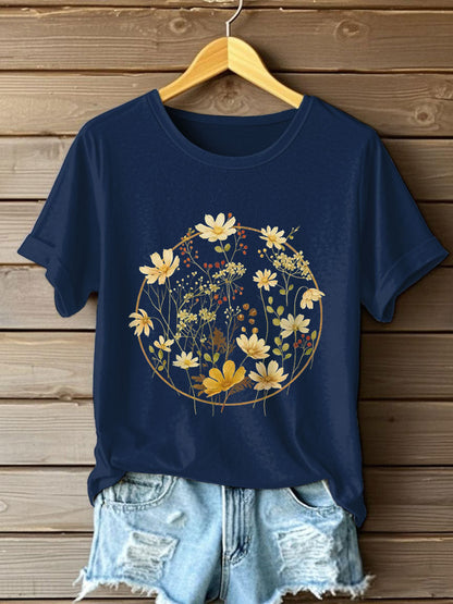 Damen-T-Shirt mit Blumenmuster und kurzen Ärmeln