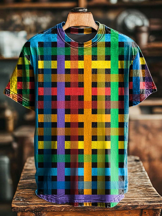 Regenbogen-Karierten Druck Lässiges Kurzarm-T-Shirt