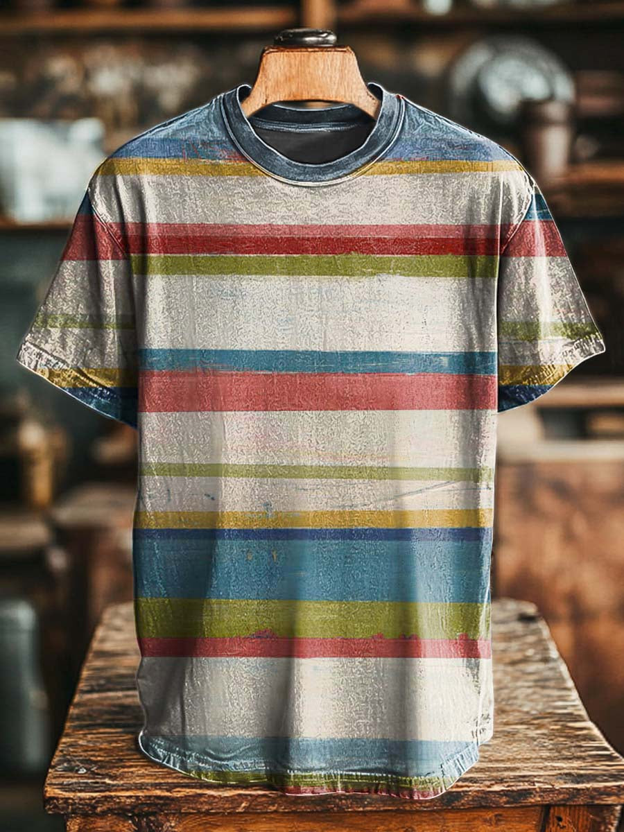 Retro Distressed Gestreiftes Print Lässiges Kurzarm-T-Shirt