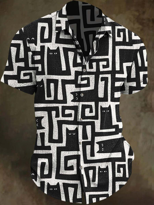 Abstraktes Labyrinth-Katzen-Print-Kurzarm-Hemd