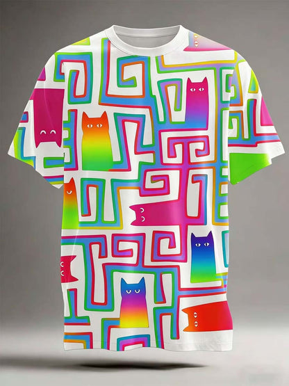 Schwarz Katze Labyrinth Print Lässiges Kurzarm-T-Shirt