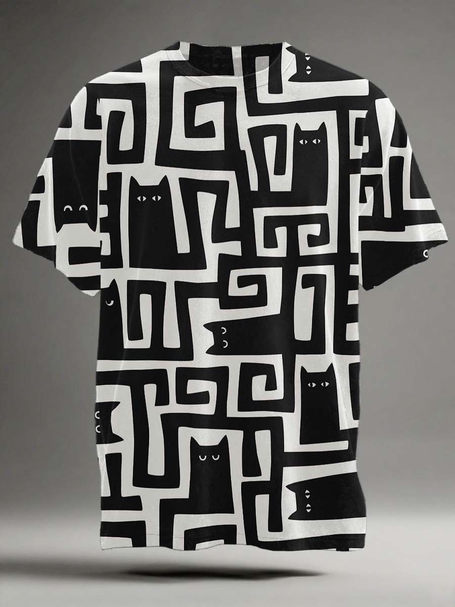 Schwarz Katze Labyrinth Print Lässiges Kurzarm-T-Shirt