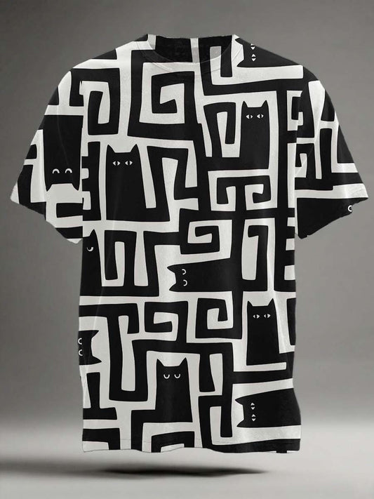 Schwarz Katze Labyrinth Print Lässiges Kurzarm-T-Shirt