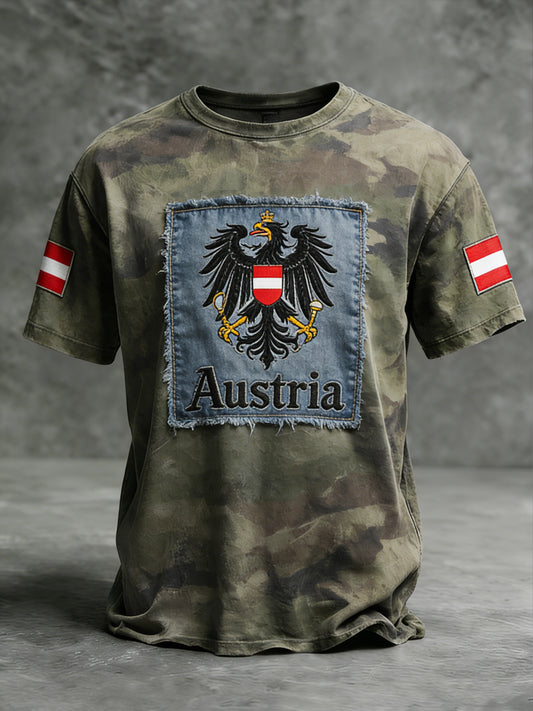 Vintage österreichisches Emblem Tarnmuster Patchwork Freizeit-T-Shirt