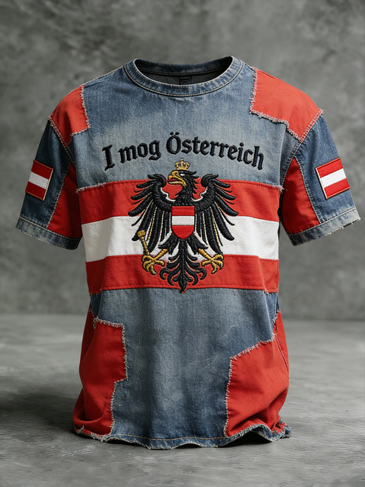 Vintage österreichisches patriotisches Patchwork-Casual-T-Shirt
