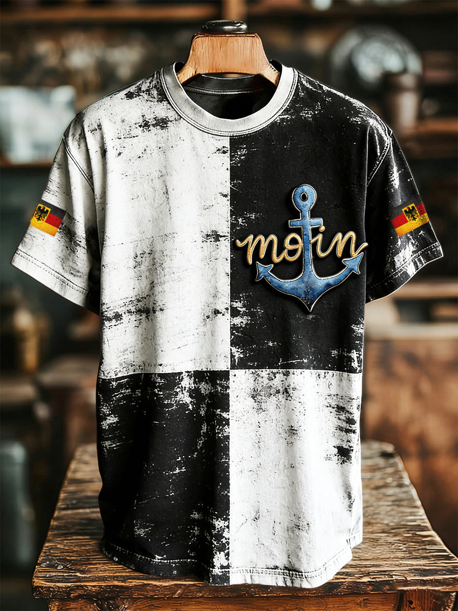 Herren Vintage Schwarz-Weiß Deutsch "Moin" Print Casual Cooles T-Shirt