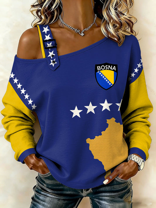 Damen Bosnien Fußball-Liebhaber ZMAJEVI Druck lässig schulter freies Sweatshirt