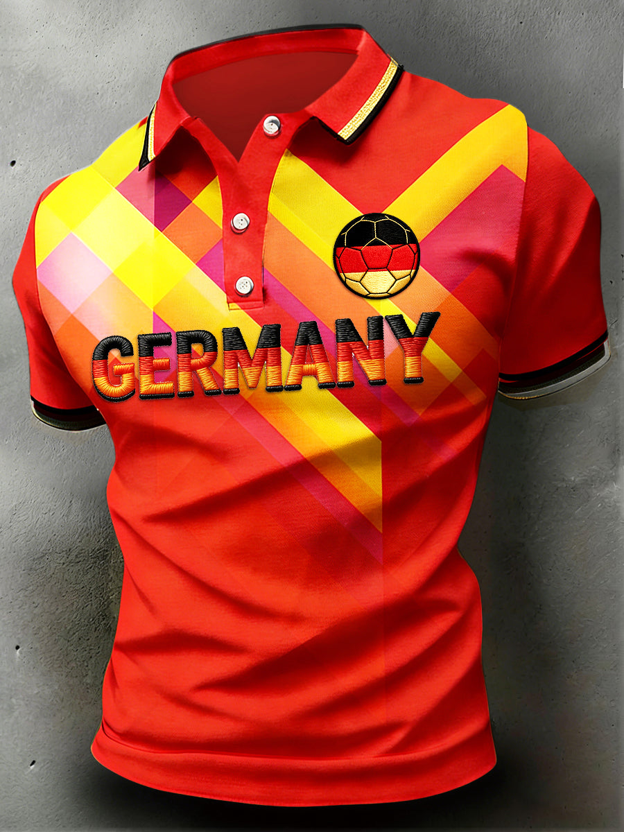 Herren Rot Deutsches Fußball-Print Lässiges Kurzarm-Polo-Shirt