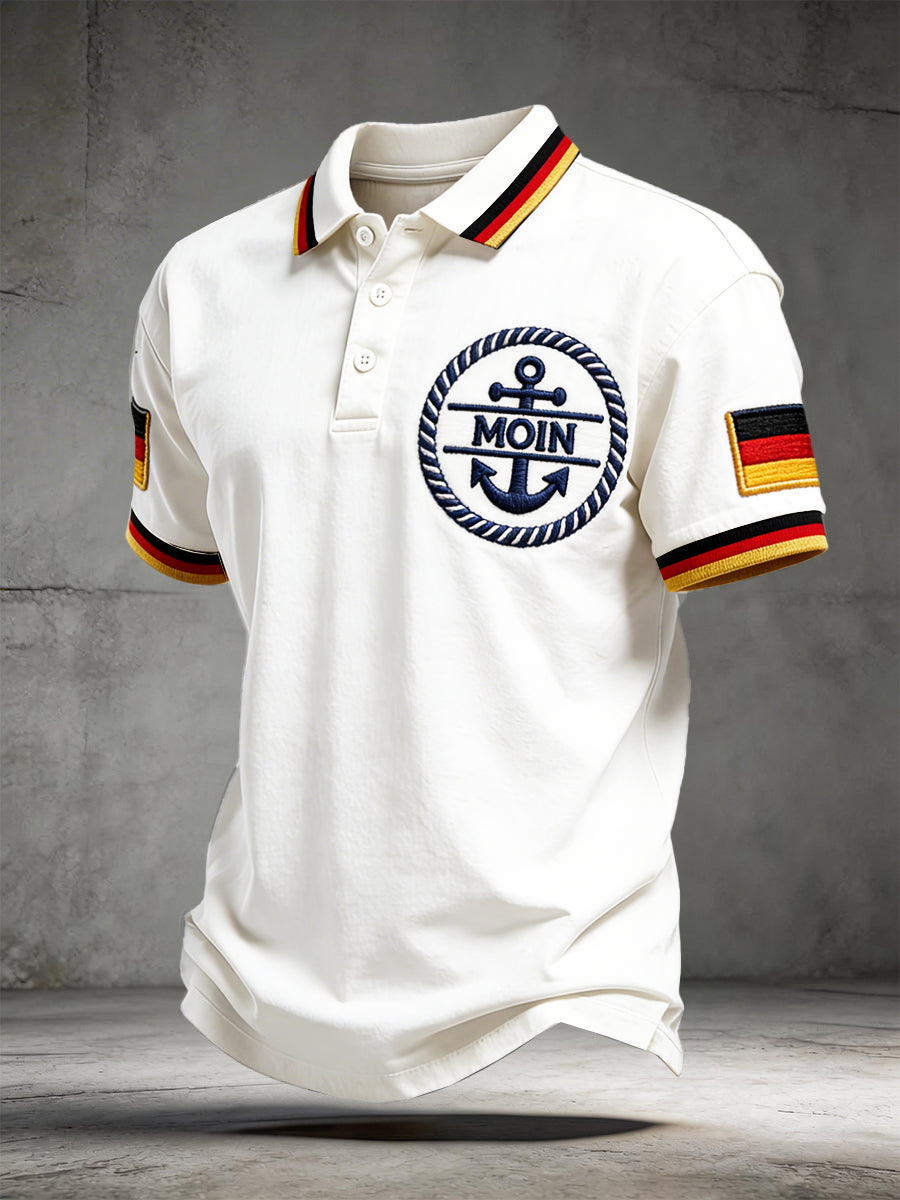 Herrenweißes, lässiges Poloshirt mit Moin-Print und kurzen Ärmeln