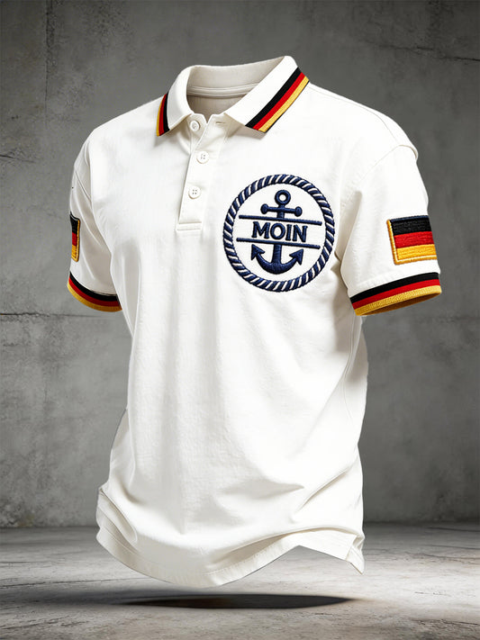 Herrenweißes, lässiges Poloshirt mit Moin-Print und kurzen Ärmeln