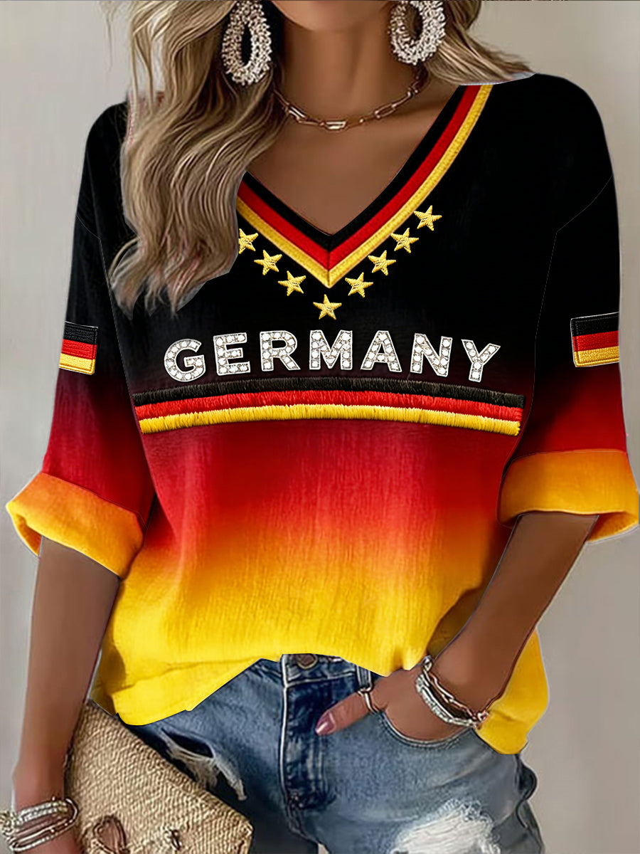 Damen Deutschlandflagge Farbverlauf-Print lässiges V-Ausschnitt-T-Shirt