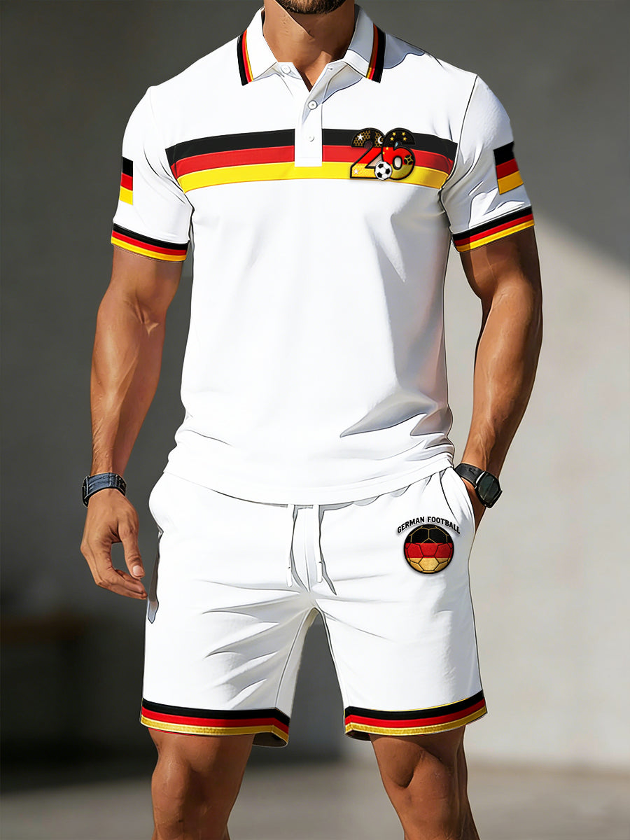 Herren-Set aus weißem Casual-Poloshirt und Shorts mit deutscher Flaggen-Print-Optik