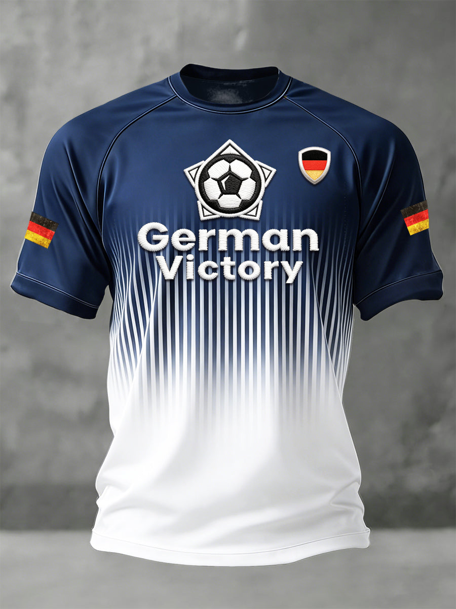 Herren Blau gestreifte Steigung Deutsch Fußball Print Casual Drop-Schulter T-Shirt