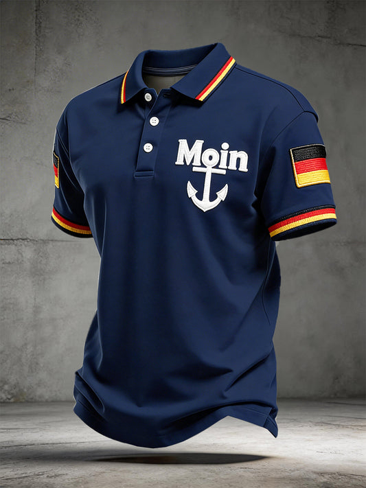 Herren tiefblaues Deutsch Moin-Print lässiges Kurzarm-Poloshirt