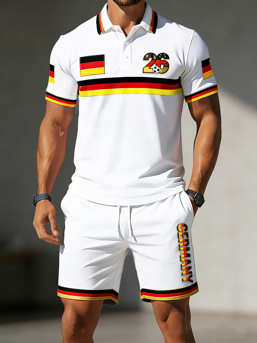 Herren-Flag-Football-Set in deutschen Nationalfarben 2026: Weißes Casual-Poloshirt und Shorts