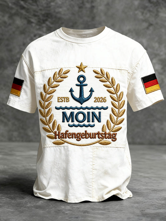 Herren-Weißes, deutsches Hafengeburtstags-Vintage-Patchwork-Print-Casual-T-Shirt