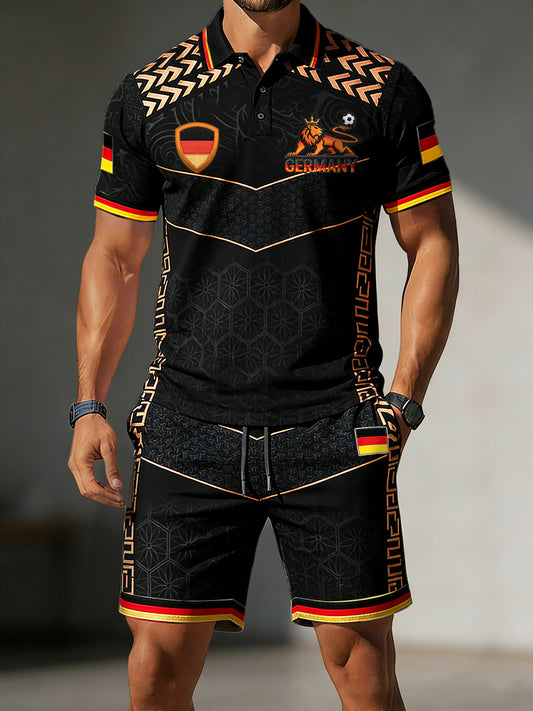 Herren Deutsches Fußball druck Schwarz Casual Polo Shirt und Shorts Set
