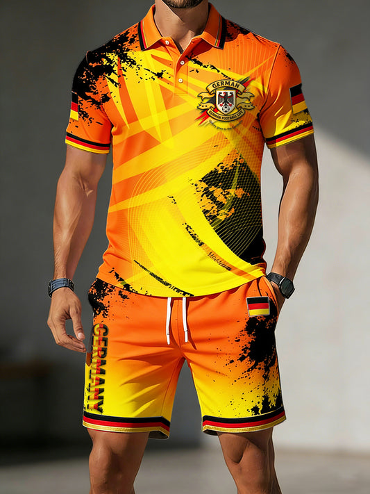 Herren-Polos hirt und Shorts-Set mit deutschem Fußball gestreift, orange farbenem Print