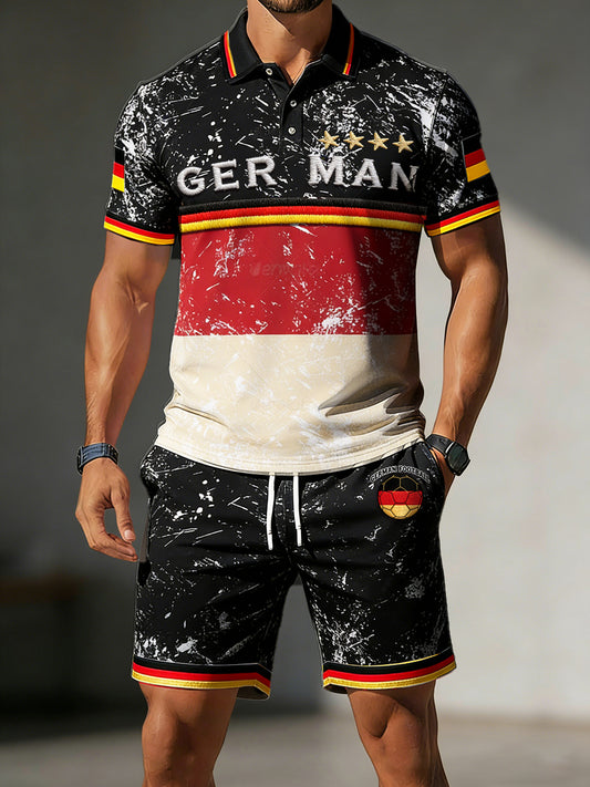 Herren Vintage deutsche Flagge Fußball-Print schwarzes lässiges Polos hirt und Shorts Set