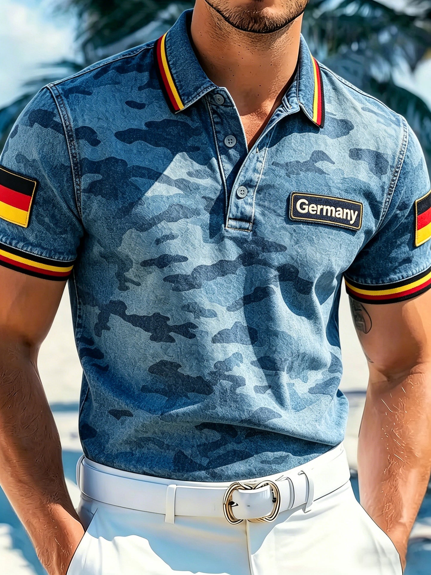 Herren-Polo mit Kunstprint im Farbschema der deutschen Flagge