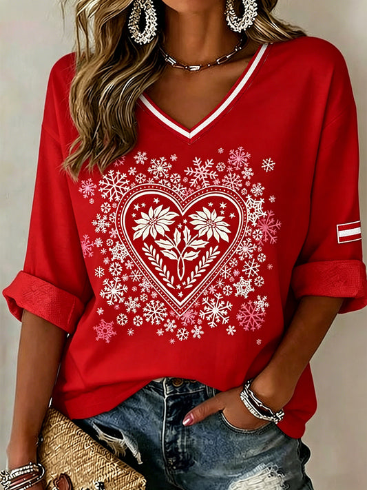 Damen-V-Ausschnitt-Top mit ethnisch inspirierten Print