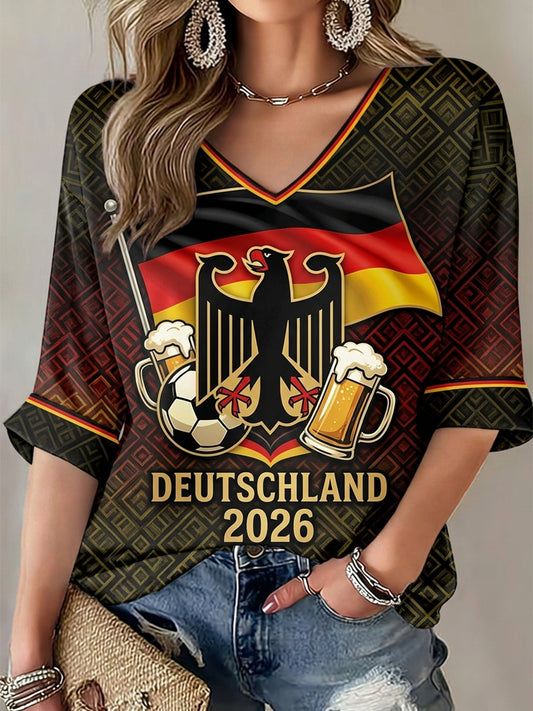 Damen-T-Shirt mit deutschem Fußballmotiv, bedruckt, mittellange Ärmel, V-Ausschnitt
