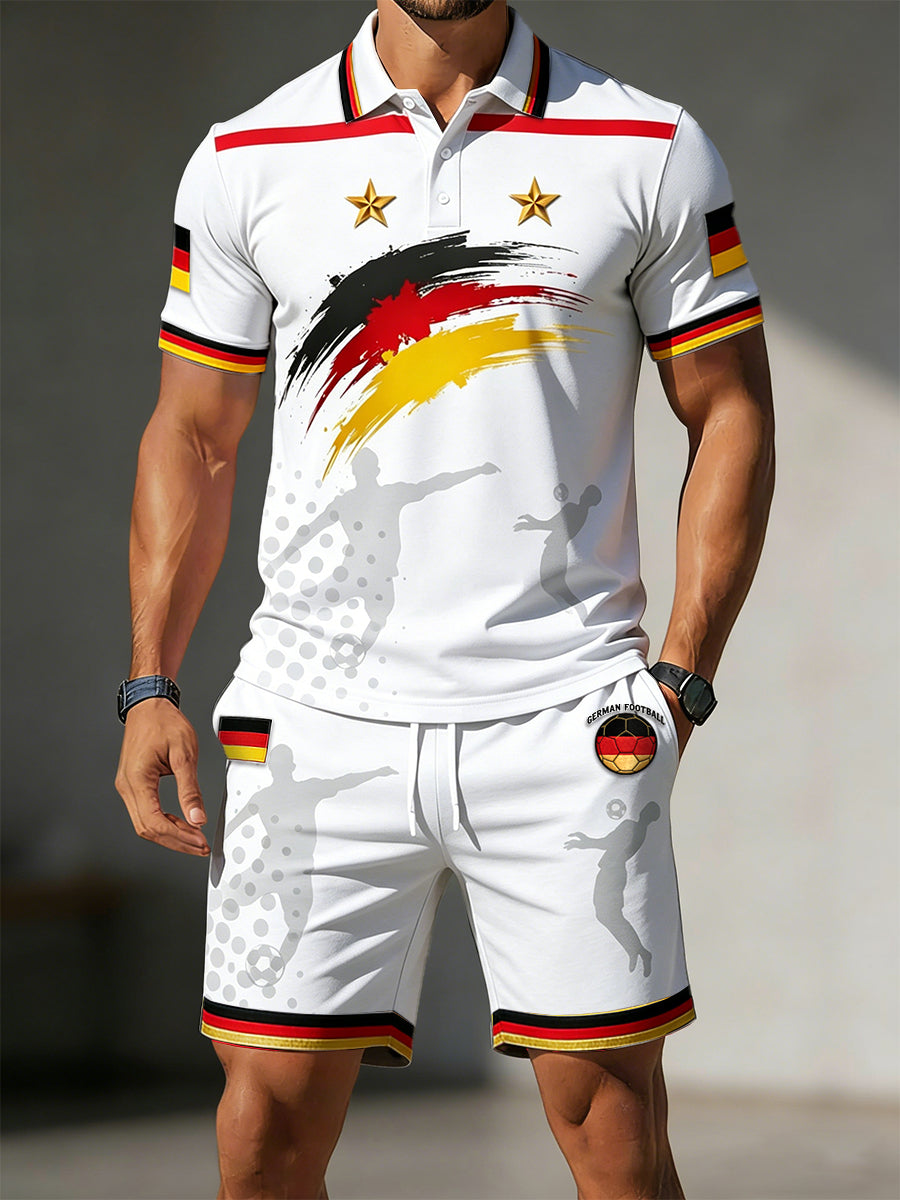 Herren Weiß Deutsch Fußball Graffiti Print Casual Sport Polo Shirt und Shorts Set