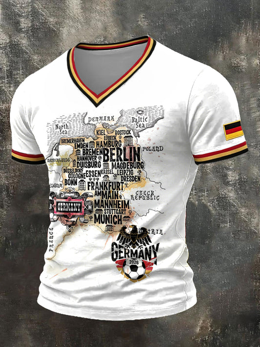 Herren-Vintage-Weißes Fußball-Print-V-Neck-Jersey-T-Shirt