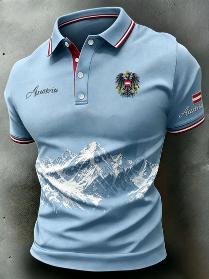Herren-Poloshirt mit Bergmotiv-Stickerei und -Print