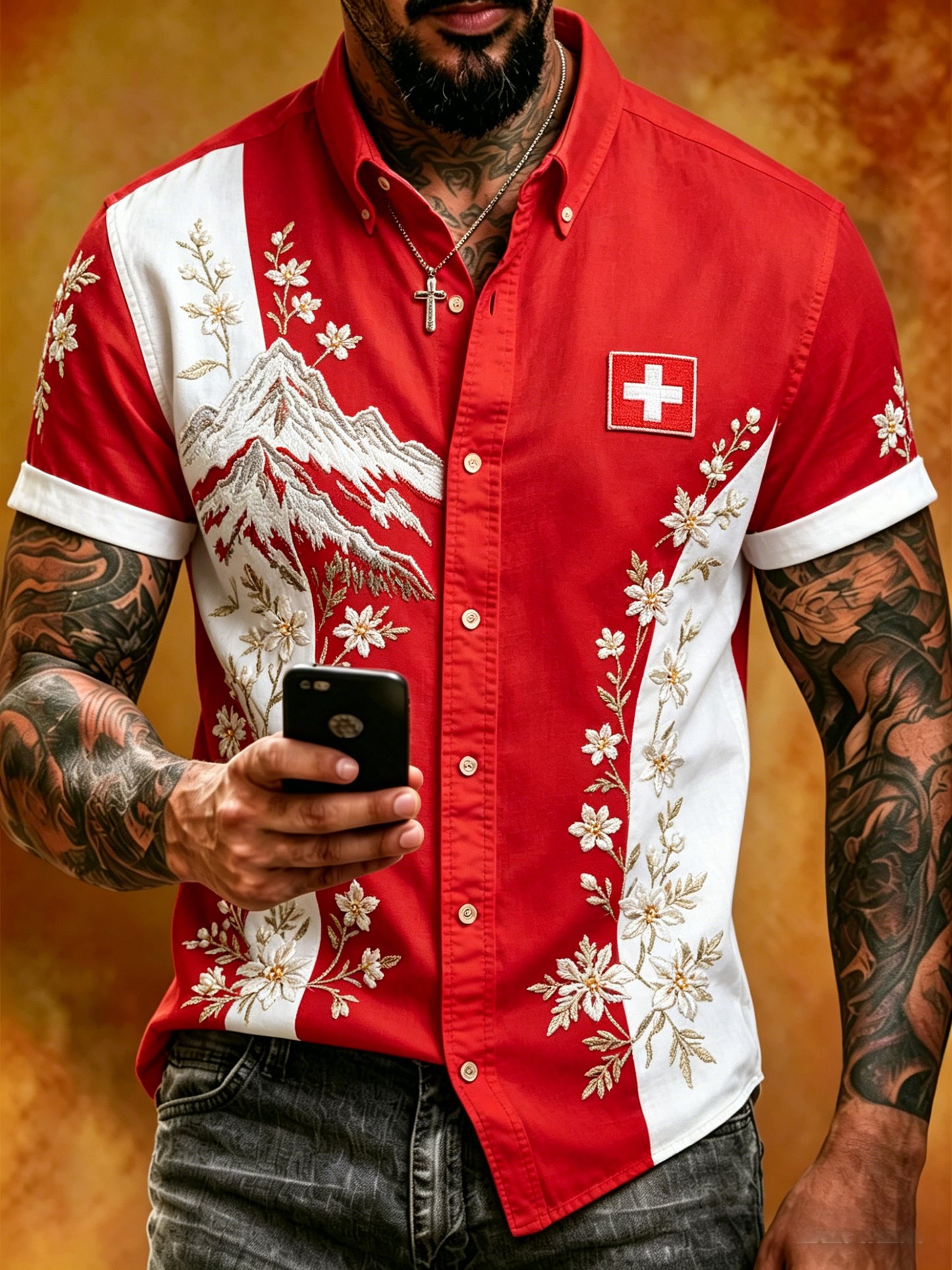 Herren-Shirt mit Schweizer Flaggen- und Alpenmotiv, kurze Ärmel, artistischer Print