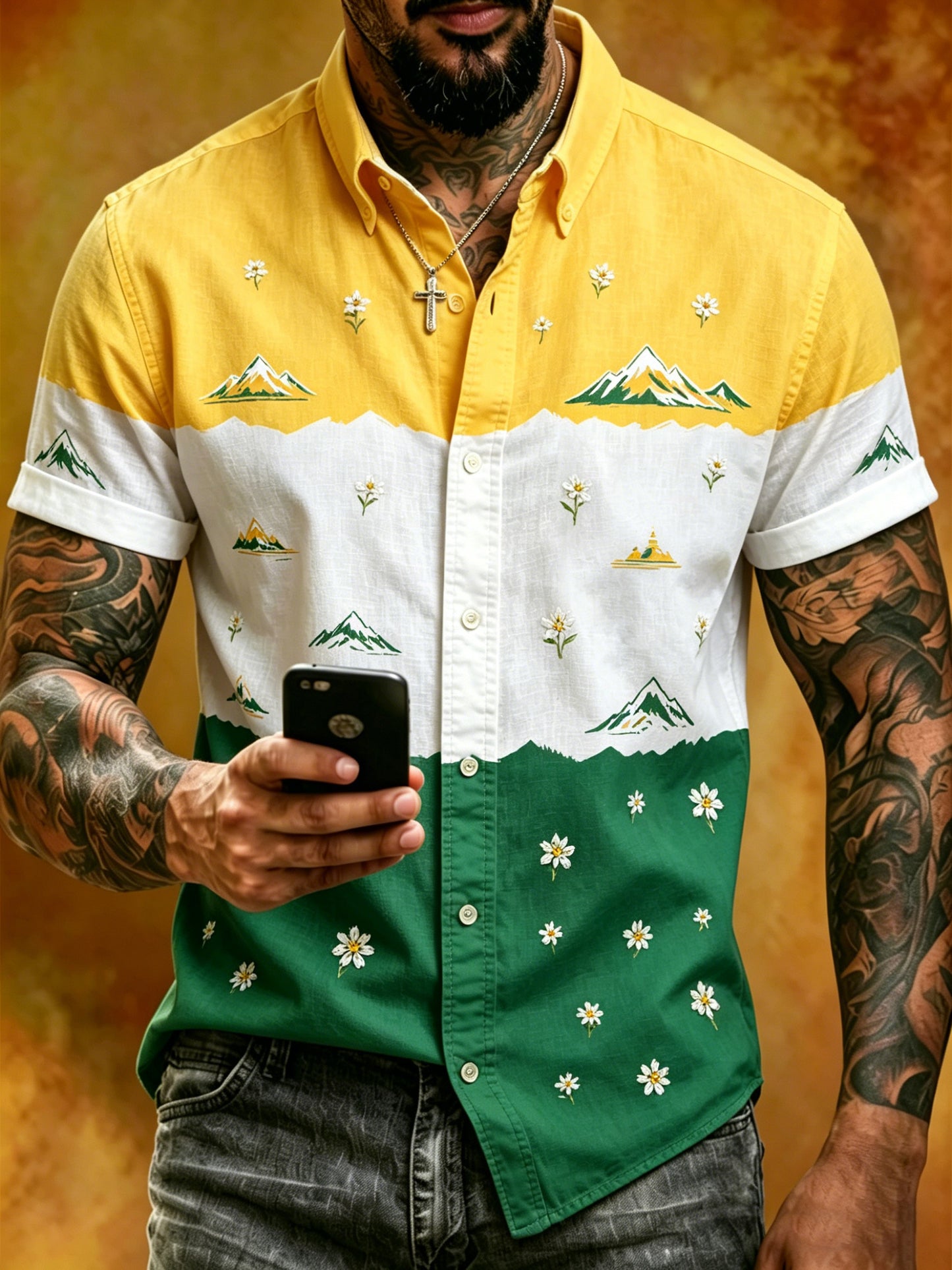 Herren-Hemd mit kurzen Ärmeln und künstlerischem Print im Stil der Schweizer Alpen