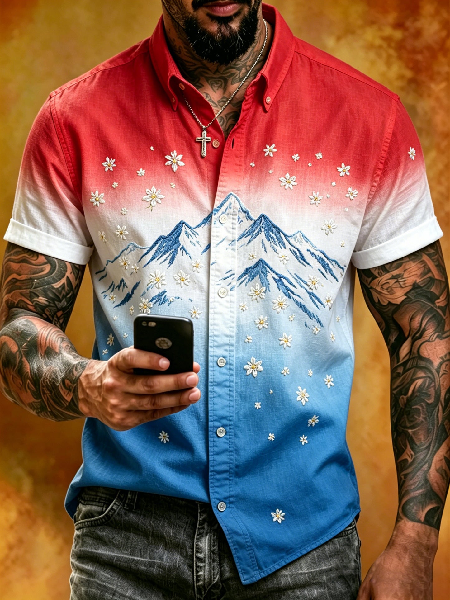 Herren-Shirt mit Schweizer Flaggen- und Alpenmotiv, kurze Ärmel, artistischer Print