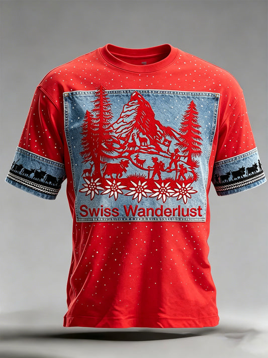 Herren-T-Shirt mit Alpenmotiv und Kunstprint im Farbschema der Schweizer Flagge