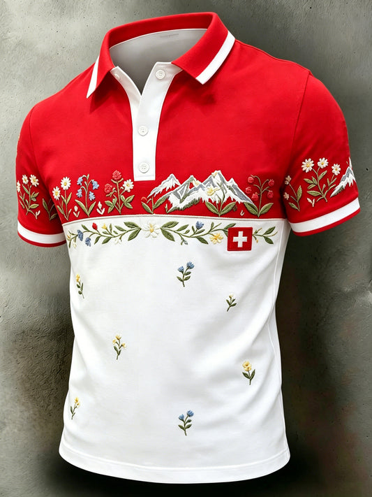 Herren-Artprint-Polo mit kurzen Ärmeln im Schweizer-Alpen-Stil