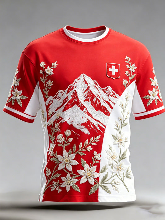 Herren-T-Shirt mit Alpenmotiv und Kunstprint im Farbschema der Schweizer Flagge