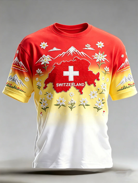 Herren-Artprint-Kurzarm-T-Shirt mit Schweizer-Alpen-Motiv