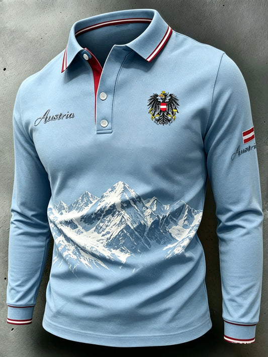 Herren-Poloshirt mit langen Ärmeln und Alpenberg-Print