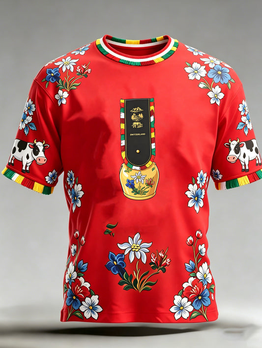Herren-Schweizer Cartoon-Kuhmuster ländliche Kultur Kunstprint Kurzarm-T-Shirt