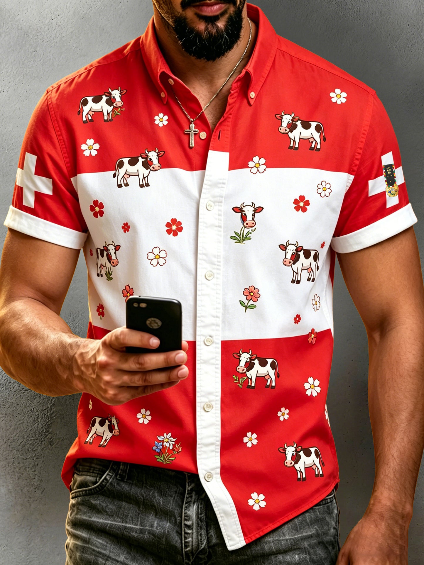 Herren-Shirt mit Schweizer Cartoon-Kuhmuster im Landhausstil, Kunstprint, Kurzarmhemd