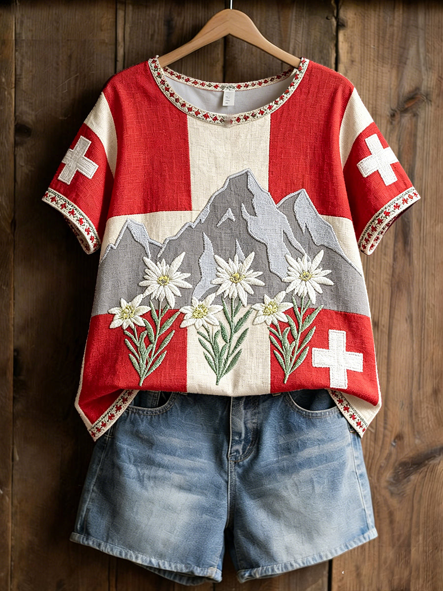 Damen-T-Shirt mit Schweizer Flagge Kunst bedruckt Leinen