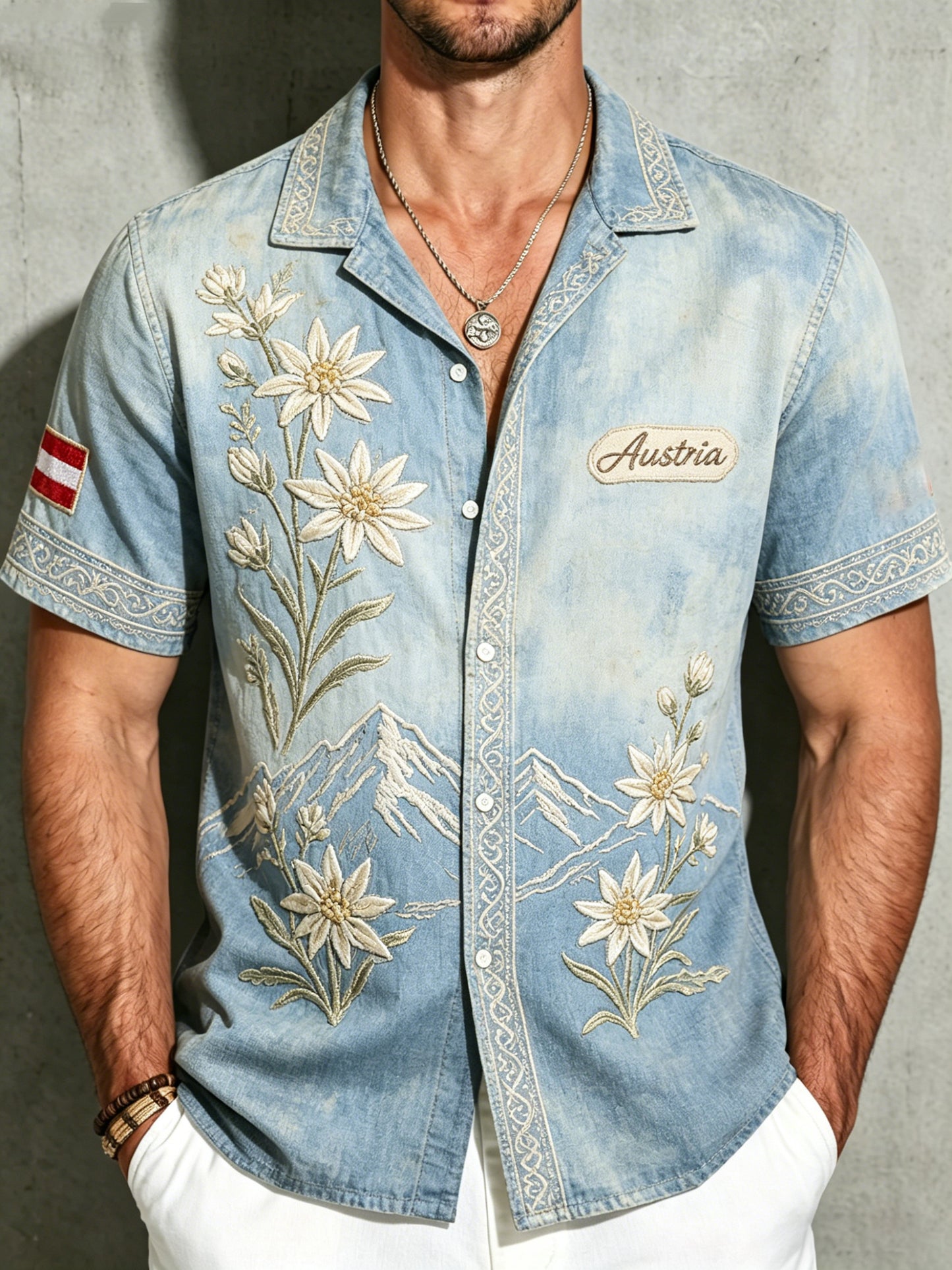 Herren-Shortsleeve-Shirt im Vintage-Stil mit Blumen- und Schneeberg-Print