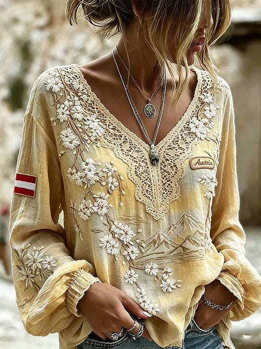Damen-Top im Vintage-Stil mit floraler und schneebedeckter Berglandschaft, V-Ausschnitt
