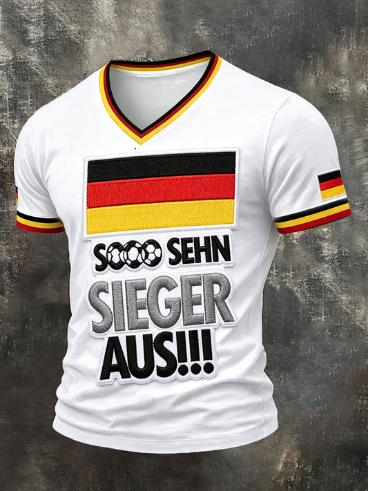 Herren Deutschland Flagge Fußball druck Weiß Lässiges T-Shirt mit V-Ausschnitt