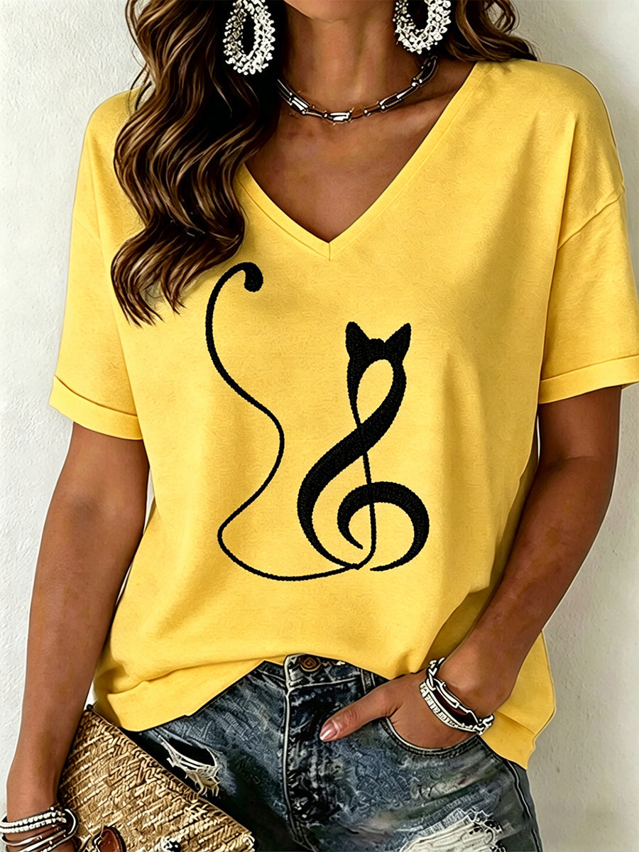 Damen-T-Shirt mit Katzenmuster und V-Ausschnitt