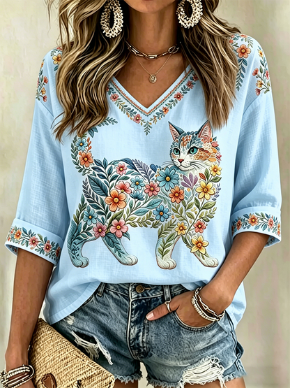 Damen-Floral-Katzen-Print-Lässiges V-Ausschnitt-Shirt