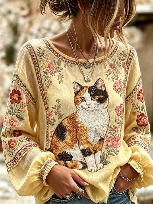 Damen-Hemd mit Katzenstickerei und Print