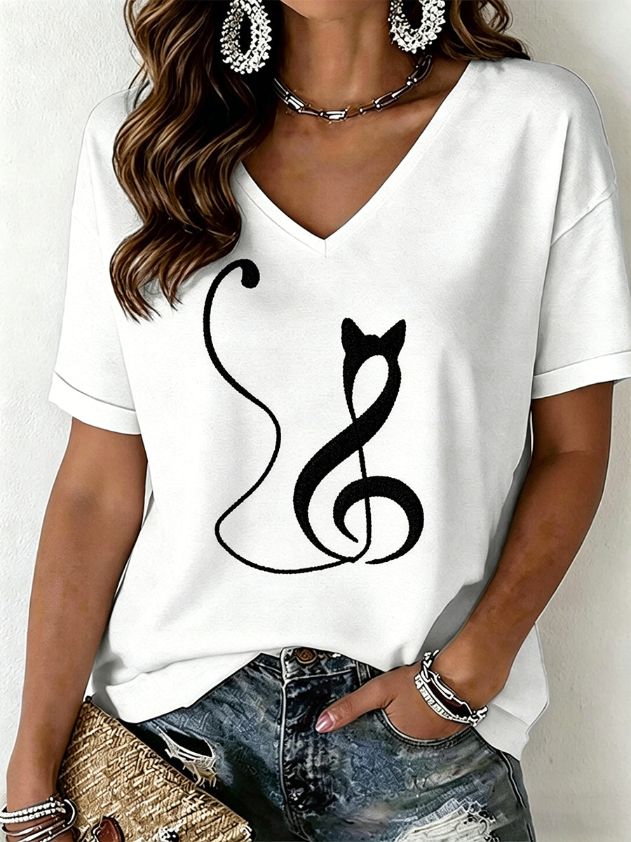 Damen-T-Shirt mit Katzenmuster und V-Ausschnitt