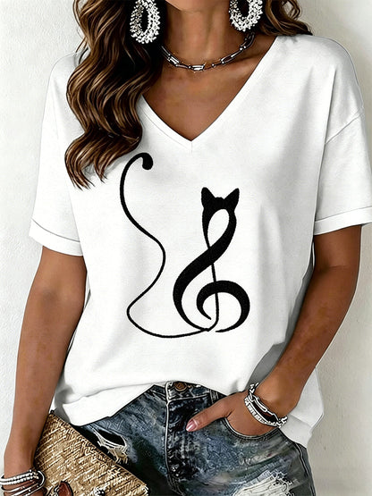 Damen-T-Shirt mit Katzenmuster und V-Ausschnitt