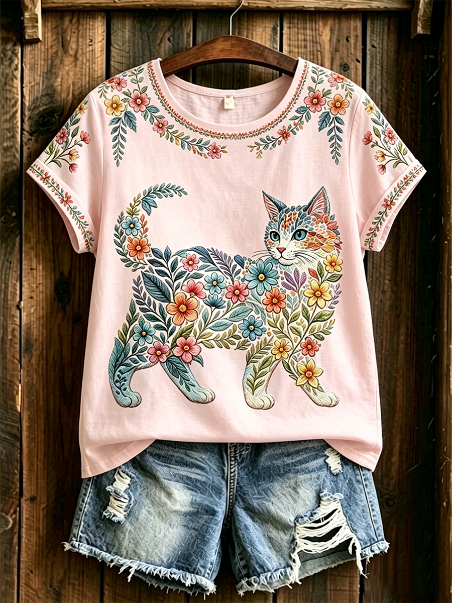 Damen-Floral-Katzen-Print-Casual-T-Shirt