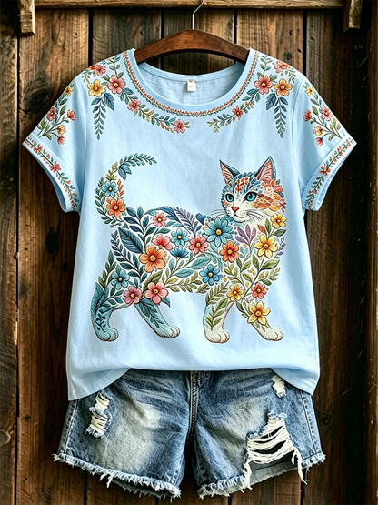 Damen-Floral-Katzen-Print-Casual-T-Shirt
